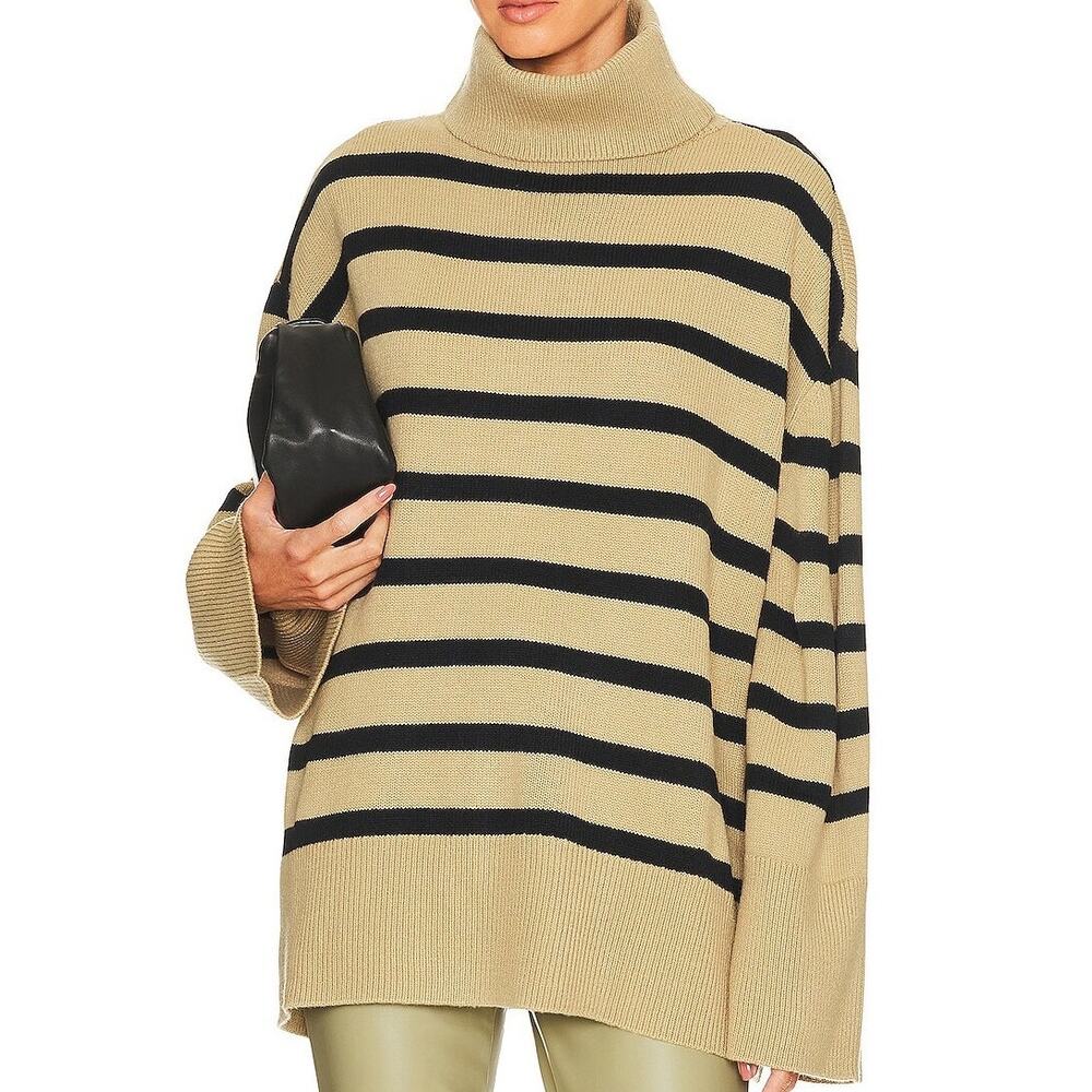 WeWoreWhat Striped Oversized Turtleneck Sweater XS/S Tan Scandi Quiet Luxury